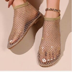 Gem Mesh Slip On Flat Sandals in Tan and Gold NWT